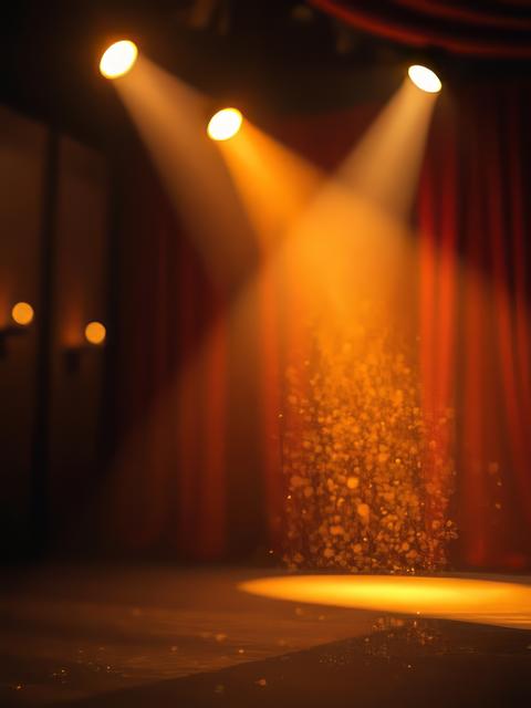 A stage bathed in warm golden light creating a cozy and inviting atmosphere glitter dust particle