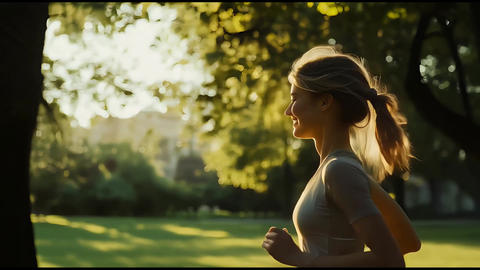 A young woman jogging in the park during sunset her hair tied in a ponytail gently sways with her m 