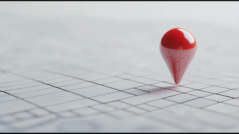 A single glossy red map pin hovers slightly above a clean minimalistic white grid surface The cam 22