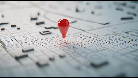 A single glossy red map pin hovers slightly above a clean minimalistic white grid surface The cam 96