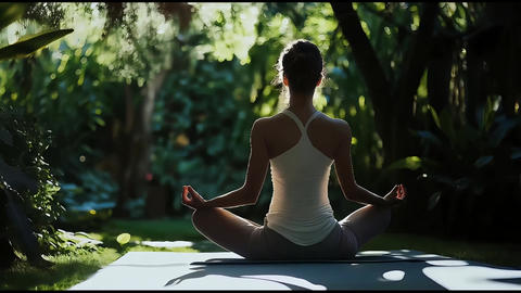 A woman is meditating serenely on a yoga mat in a lush garden surrounded by vibrant greenery and so 