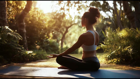 A woman is meditating on a yoga mat in a serene outdoor environment surrounded by lush greenery dur 