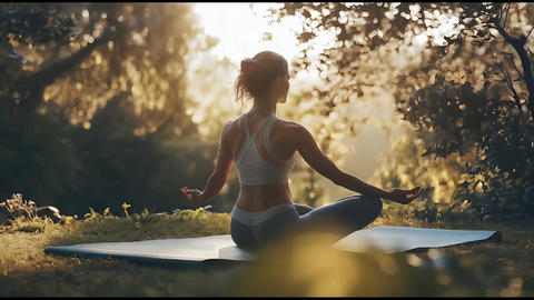 A woman is sitting in a peaceful outdoor setting during sunrise meditating on a yoga mat She remai a