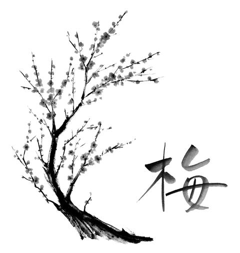 Ink painting illustration of plum tree and calligraphy