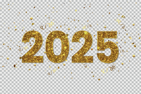 Happy New Year 2025 Golden glitter confetti vector illustration on a transparent background