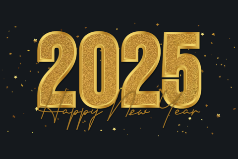 Happy New Year 2025 Golden glitter confetti vector illustration on a transparent background