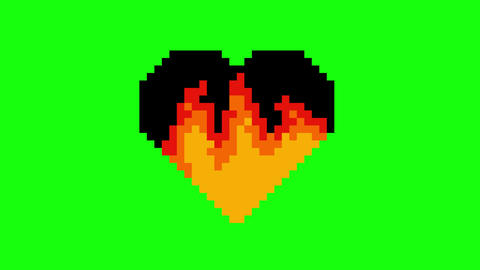 Pixel Art Burning Heart Animation | Flame Inside Heart with Green Screen Background