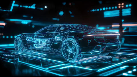 Futuristic Sports Car Blueprint Design with Digital Interface