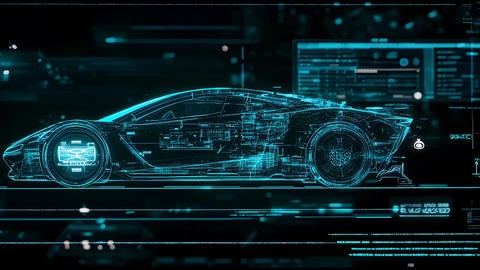 Futuristic Sports Car Blueprint Design with Digital Interface