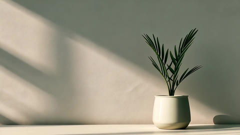 Minimalist Green Plant in White Pot on Light Background, Modern Home Decor,