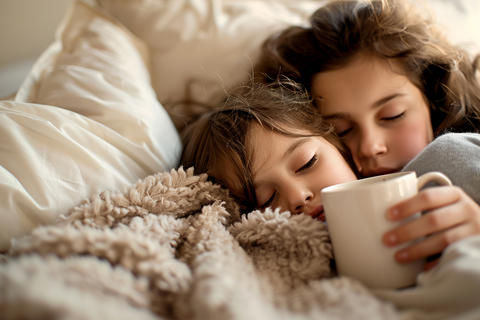 Girl tenderly offers her sister tea, providing comfort during illness