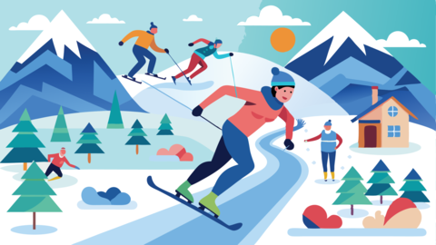 A winter sports adventure in a snowy landscape featuring skiers and a cozy cabin amidst the