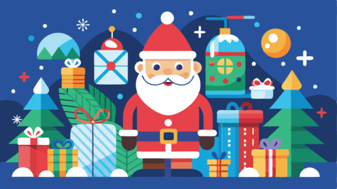 A cheerful Santa Claus stands among festive decorations, gifts