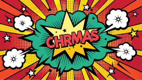Colorful comic-style illustration featuring the word Christmas a
