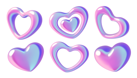 Y2k gradient hearts background with 3d holographic abstract love shapes and