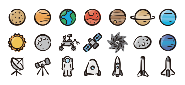 Space and planet icon set for graphic (Hand-drawn line, colored version)
