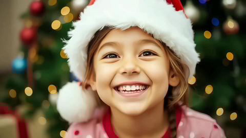 A cheerful young girl, wearing a Santa hat, beams with a radiant smile,