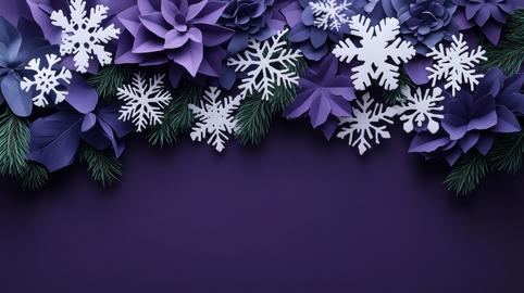 Decorative arrangement of purple flowers and snowflakes against a dark purple background for winter