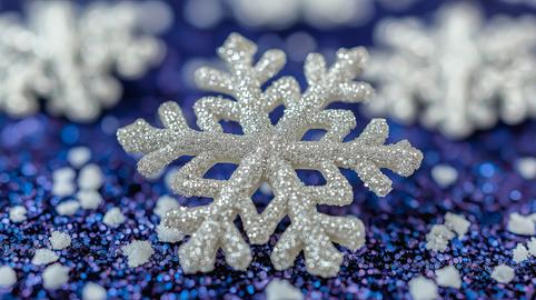 Sparkling snowflake decoration on vibrant blue glitter background for winter celebrations