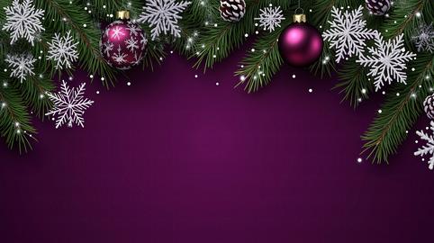 Festive decoration with pine branches, purple backdrop, and holiday ornaments