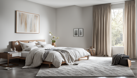 bedroom with soft modern bedding and a minimalist rug