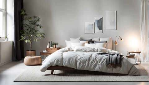 bedroom with soft modern bedding and a minimalist rug