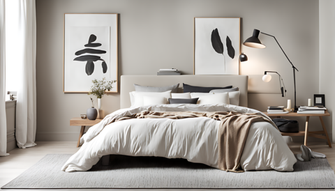 bedroom with soft modern bedding and a minimalist rug