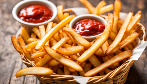 A basket of freshly fried french fries with ketchup