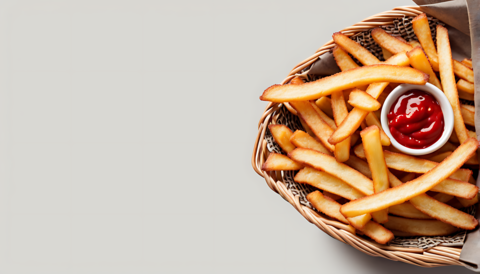 A basket of freshly fried french fries with ketchup