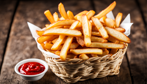 A basket of freshly fried french fries with ketchup