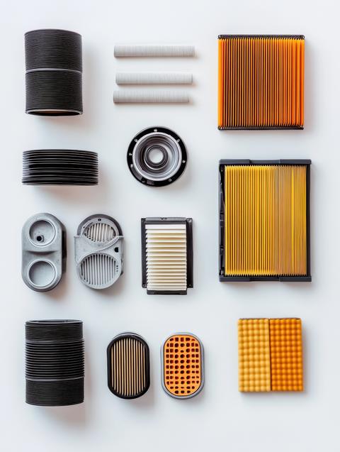 A variety of car filters such as oil, air, and fuel are displayed neatly on a
