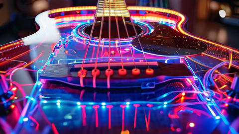 Vibrant illuminated electric guitar background with colorful neon lights