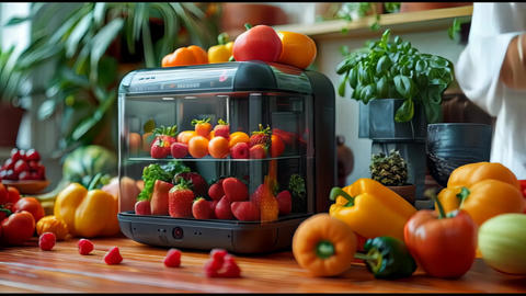 Vibrant fruits and vegetables arranged around a modern food dehydrator