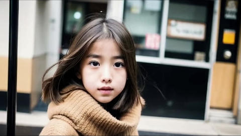粉雪の街中でこちらを見つめる若い日本人の女の子