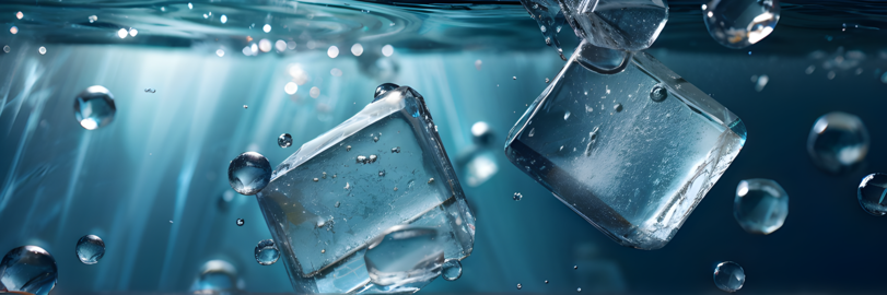 Ice Cubes splashing under clean water Fresh Cold Cool Refreshing Liquid Beverage Refreshment Banner