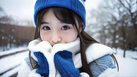 粉雪の降る中、美少女が寒そうにこちらを見つめ瞬きしてる