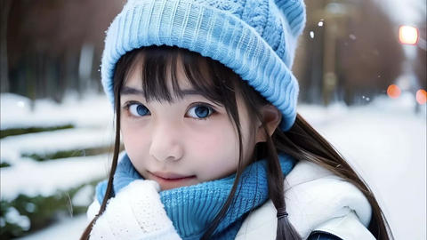 美しい美少女が雪の中恥ずかしそうにサインを送る