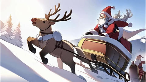 Reindeer and Santa Claus running up the snowy slope in a hurry