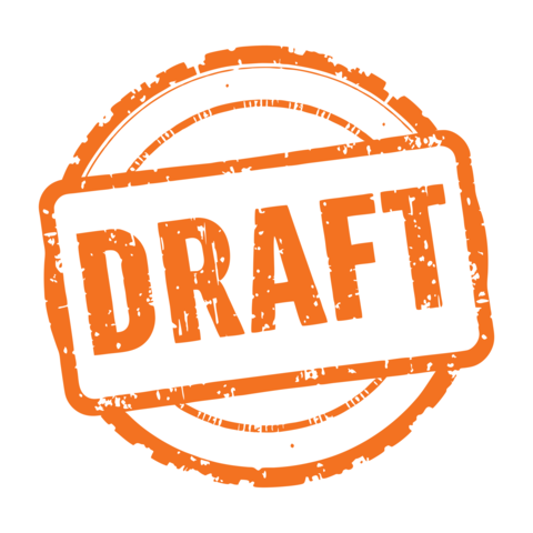Grungy orange circular rubber stamp with word draft printed in bold letters multiple concentric