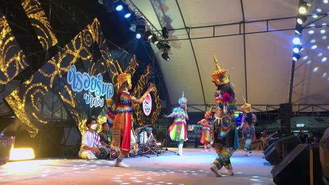 Phuket, Thailand - 09 July 2022: Traditional dance performance in Thailand, dancers and musicians