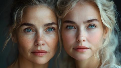 Two Caucasian women with serene expressions and captivating blue eyes