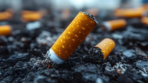 Close-up of cigarette butts on dark, ashy ground, symbolizing pollution