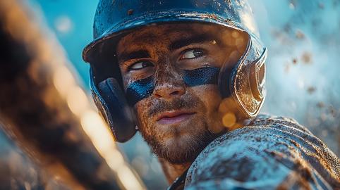 Young male baseball player with intense expression, covered in dirt, ready to hit