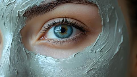 Close-up of a woman's eye with a green clay facial mask applied