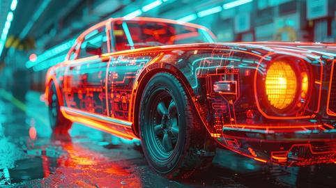 Robot mechanics repairing a car, solid color background, 4k, ultra hd
