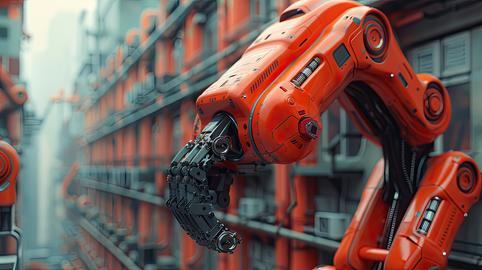 Robotic construction workers erecting a building, solid color background, 4k, ultra hd