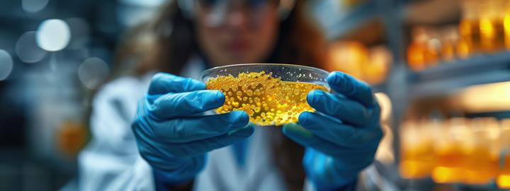 Laboratory technician holding a petri dish with growing bacterial cultures under a safety hood