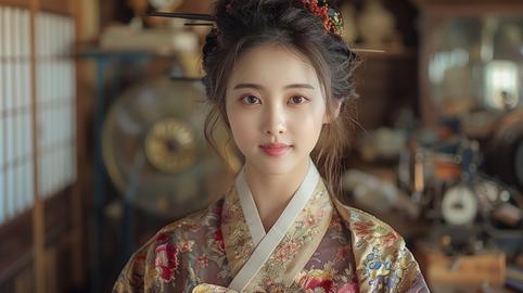 South Korean hanbok designer meticulously sewing elegant traditional garments in a Seoul studio