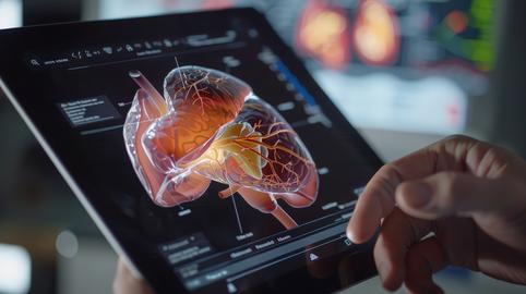 Animated anatomical tutorial on a tablet explaining the functions of the human liver