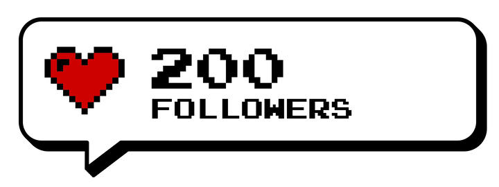 200 followers thank you badge social media 8 bits neubrutalism